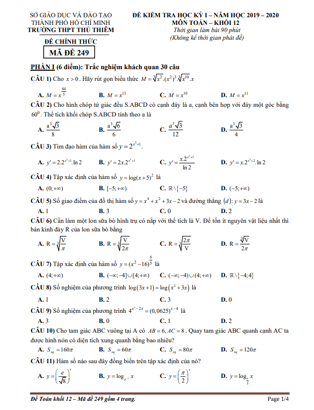 Đề thi học kì 1 (HK1) lớp 12 môn Toán năm 2019 2020 trường THPT Thủ Thiêm TP HCM