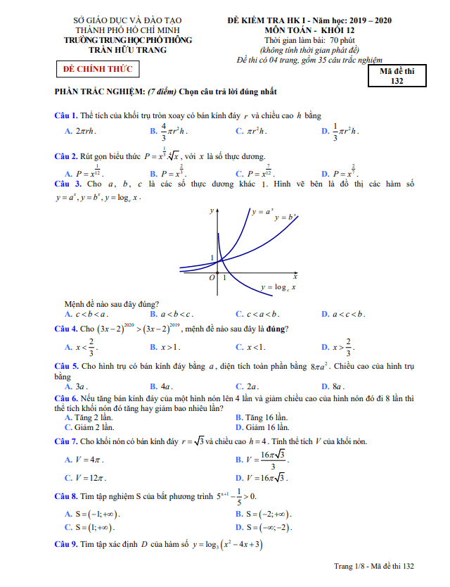 Đề thi học kì 1 (HK1) lớp 12 môn Toán năm 2019 2020 trường THPT Trần Hữu Trang TP HCM