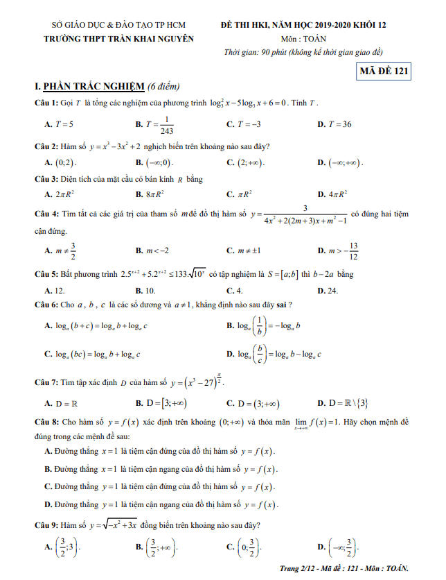 Đề thi học kì 1 (HK1) lớp 12 môn Toán năm 2019 2020 trường THPT Trần Khai Nguyên TP HCM