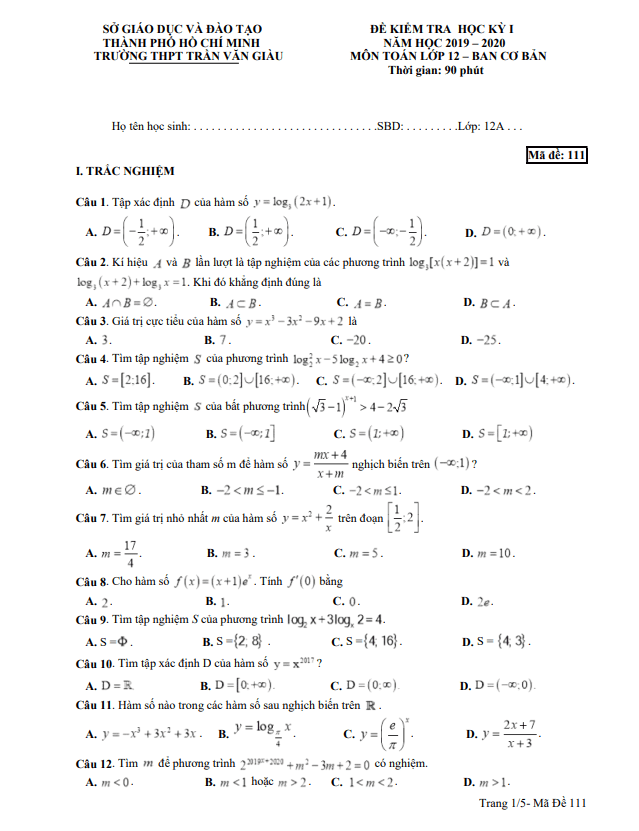 Đề thi học kì 1 (HK1) lớp 12 môn Toán năm 2019 2020 trường THPT Trần Văn Giàu TP HCM