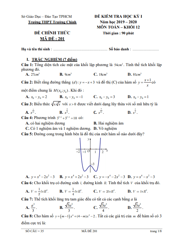 Đề thi học kì 1 (HK1) lớp 12 môn Toán năm 2019 2020 trường THPT Trường Chinh TP HCM