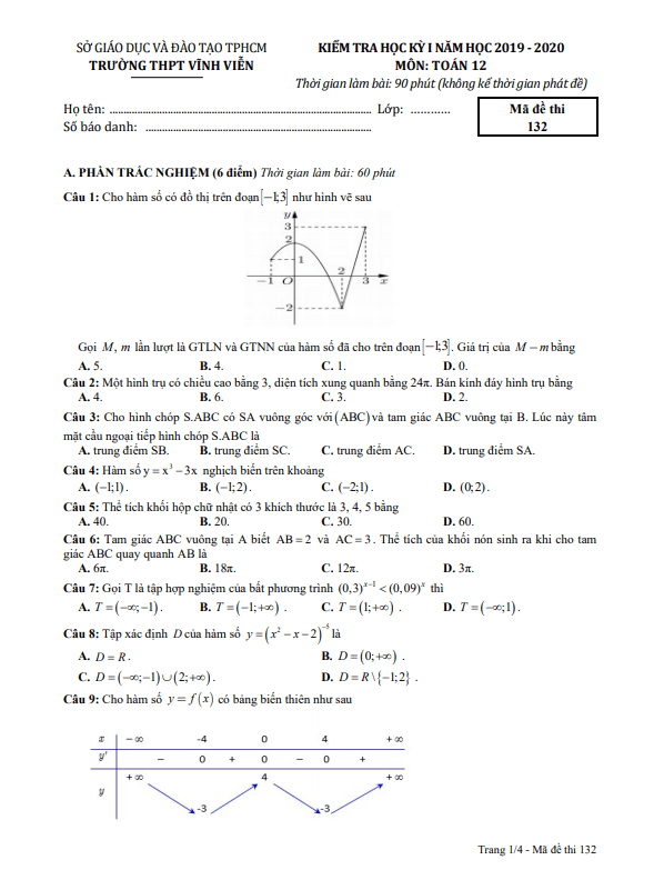 Đề thi học kì 1 (HK1) lớp 12 môn Toán năm 2019 2020 trường THPT Vĩnh Viễn TP HCM