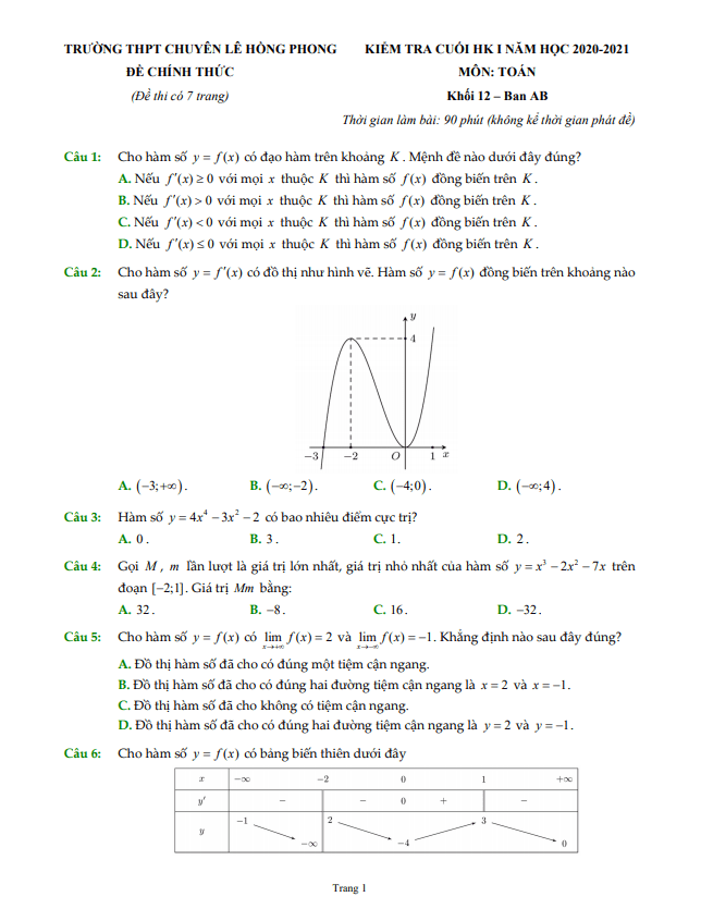 Đề thi học kì 1 (HK1) lớp 12 môn Toán năm 2020 2021 trường chuyên Lê Hồng Phong TP HCM