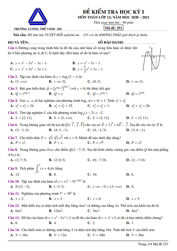 Đề thi học kì 1 (HK1) lớp 12 môn Toán năm 2020 2021 trường Lương Thế Vinh Hà Nội