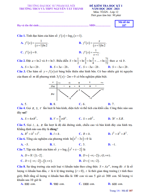 Đề thi học kì 1 (HK1) lớp 12 môn Toán năm 2020 2021 trường Nguyễn Tất Thành Hà Nội