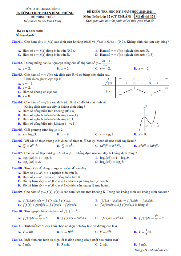 Đề thi học kì 1 (HK1) lớp 12 môn Toán năm 2020 2021 trường Phan Đình Phùng Quảng Bình