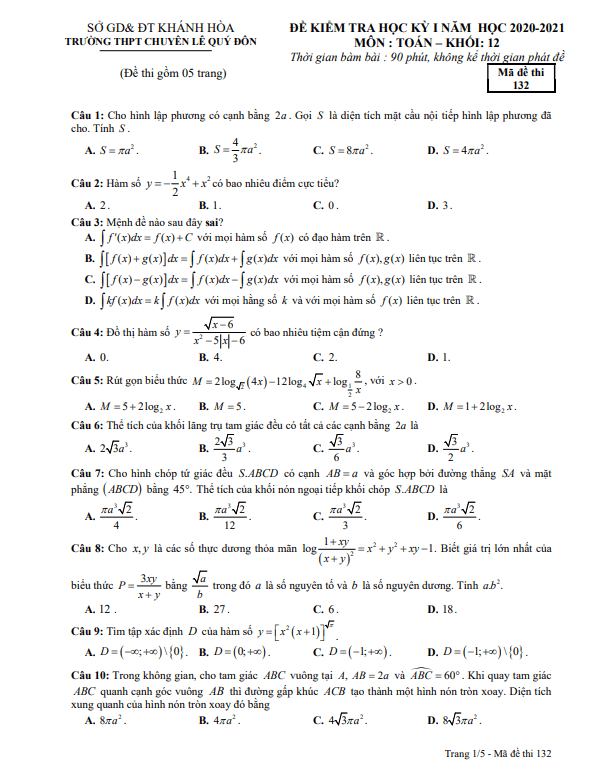 Đề thi học kì 1 (HK1) lớp 12 môn Toán năm 2020 2021 trường THPT chuyên Lê Quý Đôn Khánh Hòa