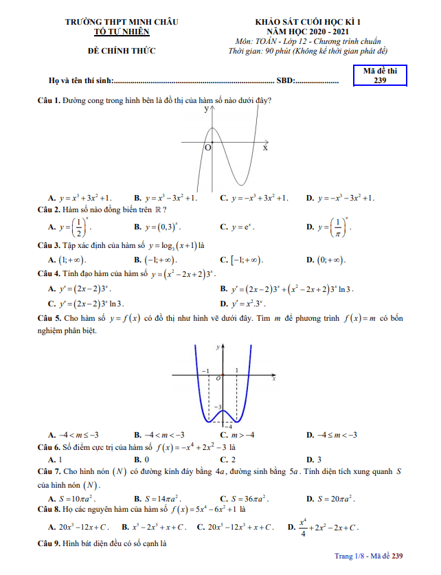 Đề thi học kì 1 (HK1) lớp 12 môn Toán năm 2020 2021 trường THPT Minh Châu Hưng Yên