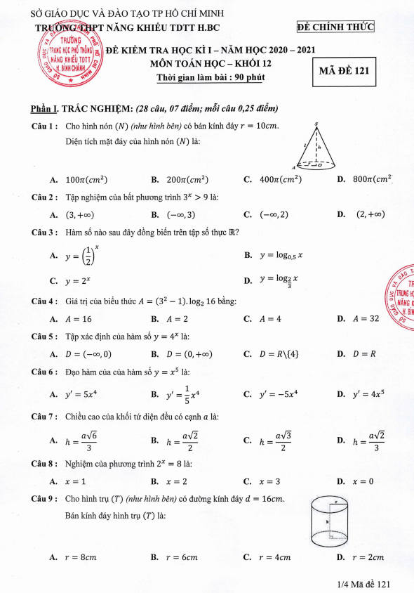 Đề thi học kì 1 (HK1) lớp 12 môn Toán năm 2020 2021 trường THPT Năng khiếu TDTT Bình Chánh TP HCM