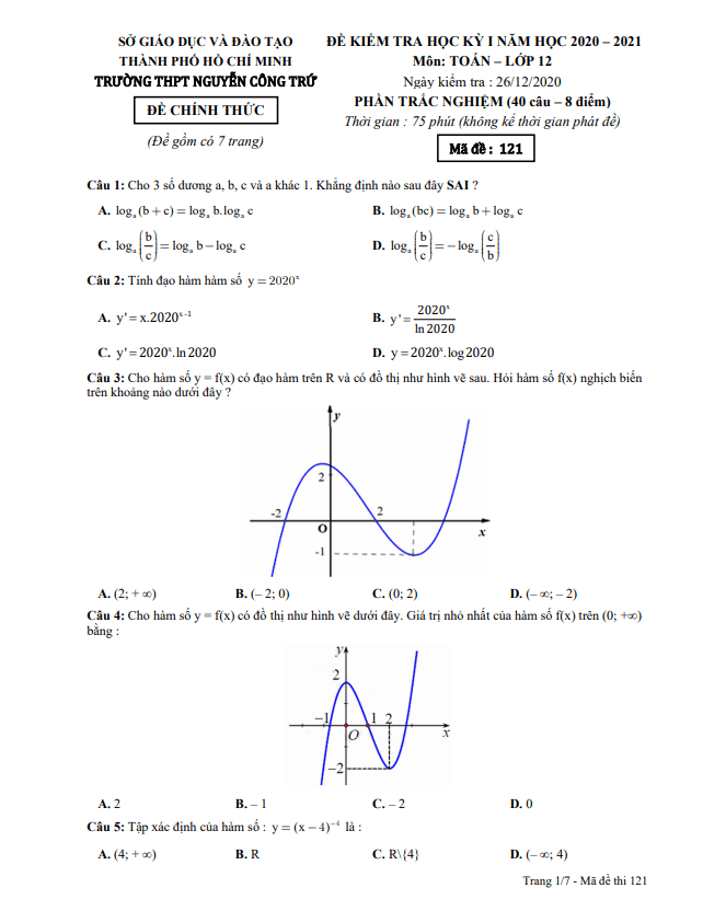 Đề thi học kì 1 (HK1) lớp 12 môn Toán năm 2020 2021 trường THPT Nguyễn Công Trứ TP HCM