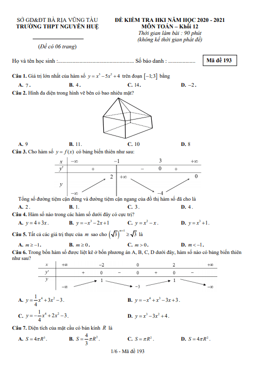 Đề thi học kì 1 (HK1) lớp 12 môn Toán năm 2020 2021 trường THPT Nguyễn Huệ BR VT