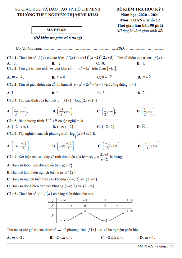 Đề thi học kì 1 (HK1) lớp 12 môn Toán năm 2020 2021 trường THPT Nguyễn Thị Minh Khai TP HCM