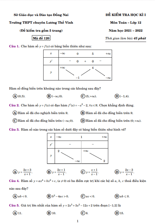 Đề thi học kì 1 (HK1) lớp 12 môn Toán năm 2021 2022 trường chuyên Lương Thế Vinh Đồng Nai