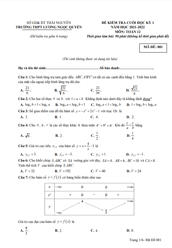 Đề thi học kì 1 (HK1) lớp 12 môn Toán năm 2021 2022 trường THPT Lương Ngọc Quyến Thái Nguyên