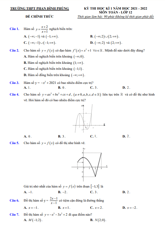Đề thi học kì 1 (HK1) lớp 12 môn Toán năm 2021 2022 trường THPT Phan Đình Phùng Hà Nội