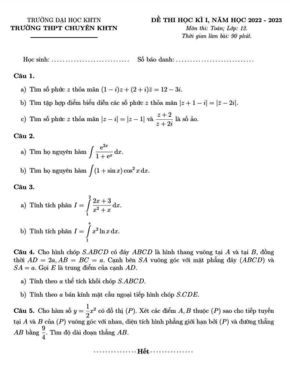 Đề thi học kì 1 (HK1) lớp 12 môn Toán năm 2022 2023 trường chuyên KHTN Hà Nội