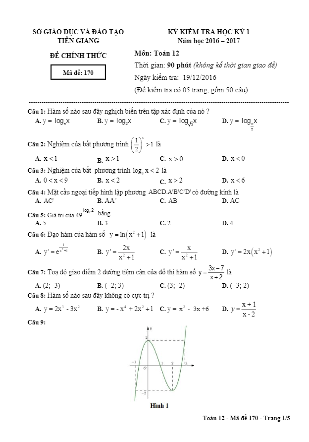 Đề thi học kì 1 (HK1) lớp 12 môn Toán năm học 2016 2017 sở GD và ĐT Tiền Giang