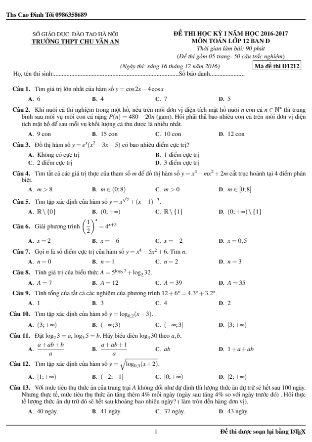 Đề thi học kì 1 (HK1) lớp 12 môn Toán năm học 2016 2017 trường Chu Văn An Hà Nội