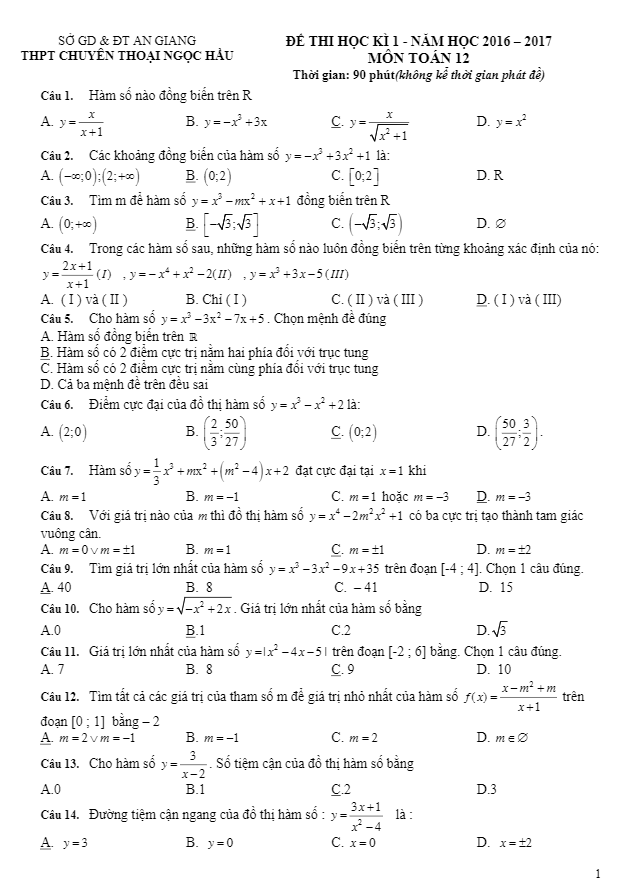 Đề thi học kì 1 (HK1) lớp 12 môn Toán năm học 2016 2017 trường chuyên Thoại Ngọc Hầu An Giang