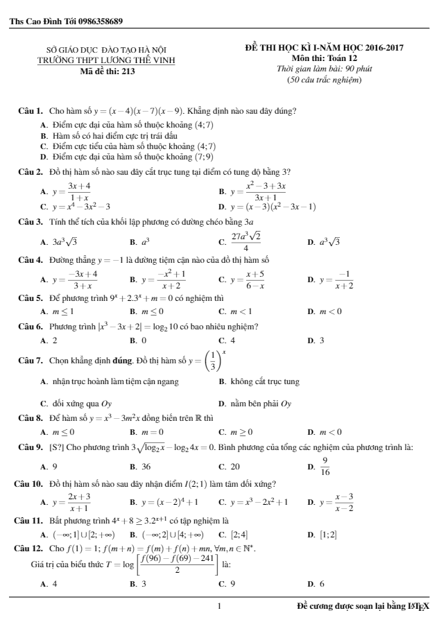 Đề thi học kì 1 (HK1) lớp 12 môn Toán năm học 2016 2017 trường Lương Thế Vinh Hà Nội