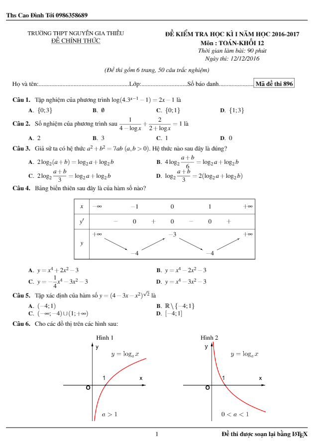 Đề thi học kì 1 (HK1) lớp 12 môn Toán năm học 2016 2017 trường Nguyễn Gia Thiều Hà Nội