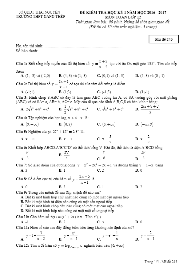 Đề thi học kì 1 (HK1) lớp 12 môn Toán năm học 2016 2017 trường THPT Gang Thép Thái Nguyên
