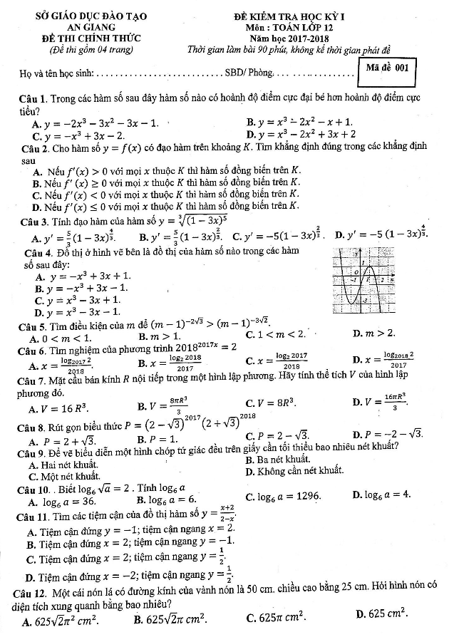 Đề thi học kì 1 (HK1) lớp 12 môn Toán năm học 2017 2018 sở GD và ĐT An Giang