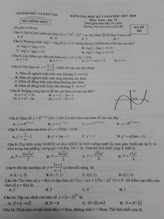 Đề thi học kì 1 (HK1) lớp 12 môn Toán năm học 2017 2018 sở GD và ĐT Bình Dương