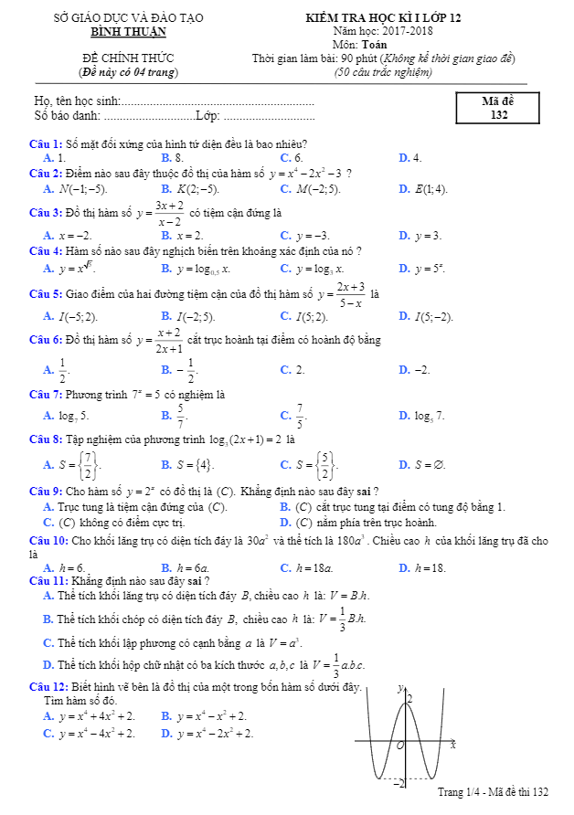 Đề thi học kì 1 (HK1) lớp 12 môn Toán năm học 2017 2018 sở GD và ĐT Bình Thuận