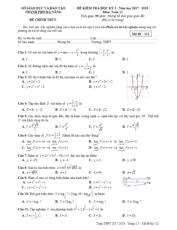 Đề thi học kì 1 (HK1) lớp 12 môn Toán năm học 2017- 2018 sở GD và ĐT Đà Nẵng