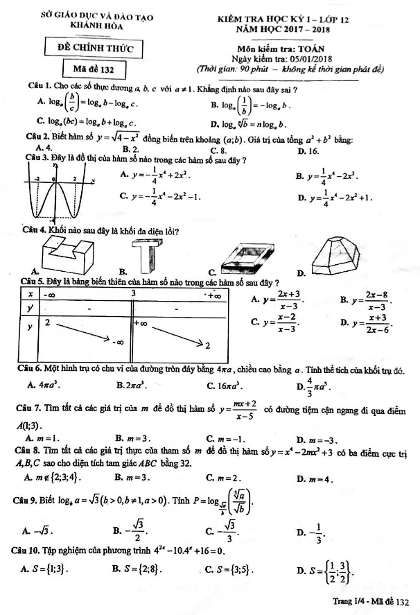 Đề thi học kì 1 (HK1) lớp 12 môn Toán năm học 2017 2018 sở GD và ĐT Khánh Hòa