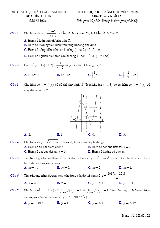 Đề thi học kì 1 (HK1) lớp 12 môn Toán năm học 2017 2018 sở GD và ĐT Nam Định