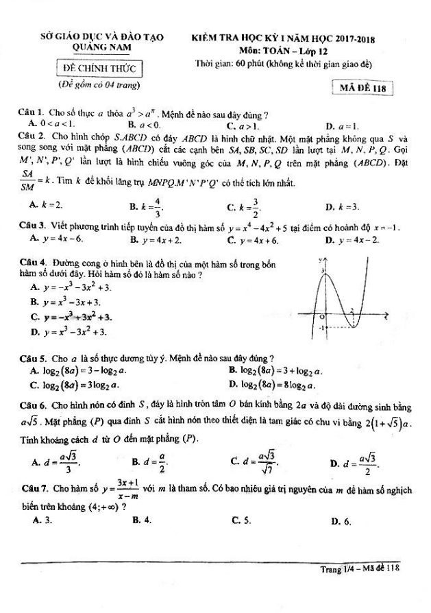 Đề thi học kì 1 (HK1) lớp 12 môn Toán năm học 2017 2018 sở GD và ĐT Quảng Nam