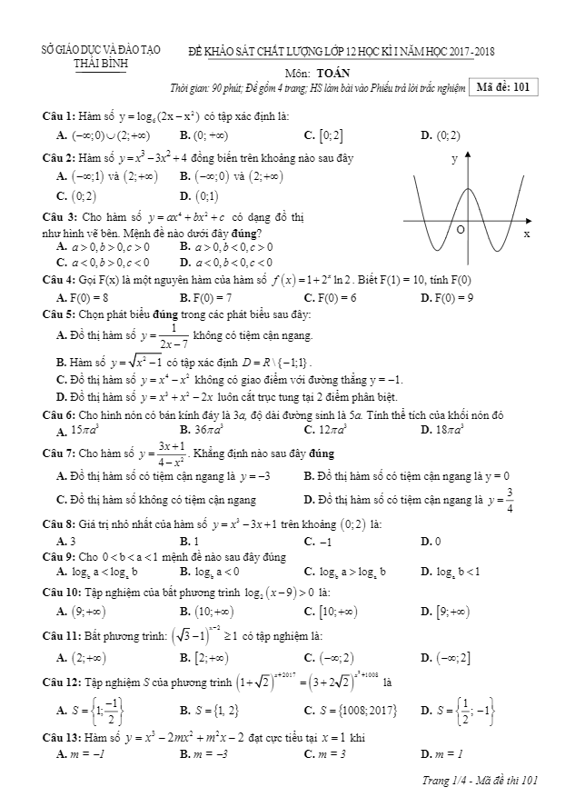 Đề thi học kì 1 (HK1) lớp 12 môn Toán năm học 2017 2018 sở GD và ĐT Thái Bình