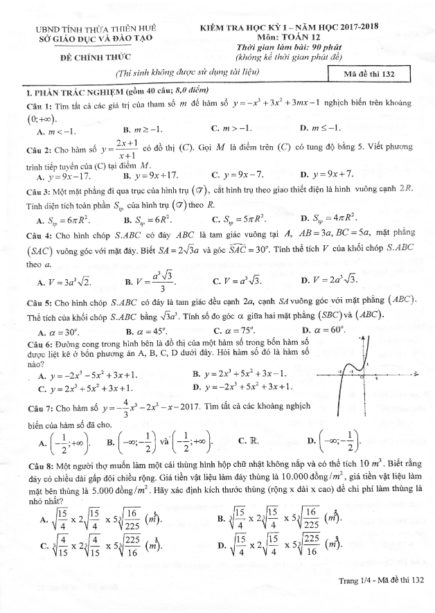 Đề thi học kì 1 (HK1) lớp 12 môn Toán năm học 2017 2018 sở GD và ĐT Thừa Thiên Huế