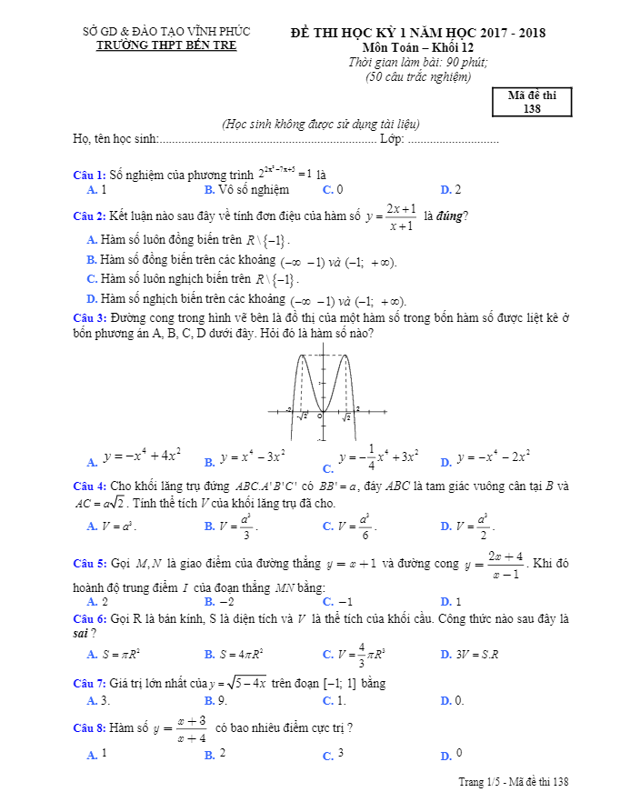 Đề thi học kì 1 (HK1) lớp 12 môn Toán năm học 2017 2018 trường THPT Bến Tre Vĩnh Phúc