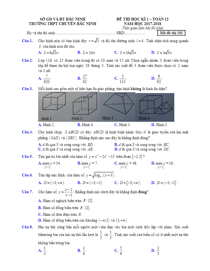Đề thi học kì 1 (HK1) lớp 12 môn Toán năm học 2017- 2018 trường THPT chuyên Bắc Ninh