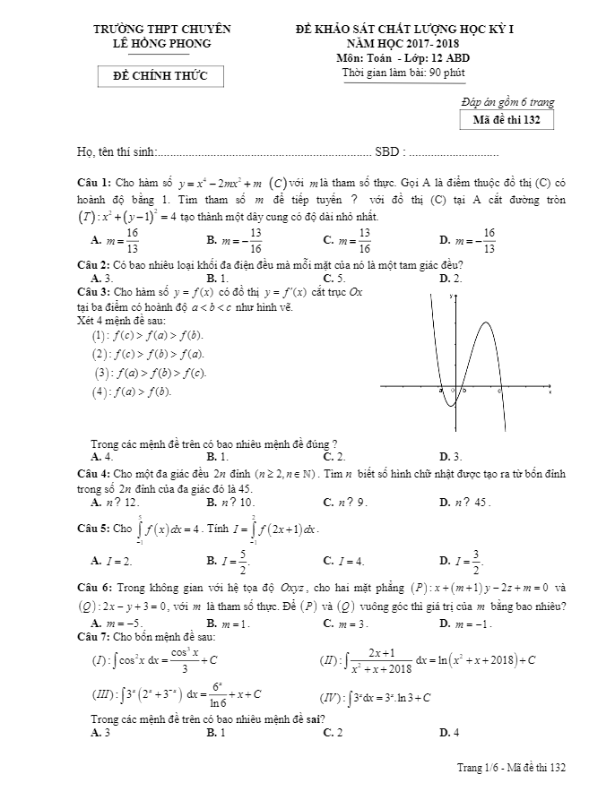Đề thi học kì 1 (HK1) lớp 12 môn Toán năm học 2017 2018 trường THPT chuyên Lê Hồng Phong Nam Định