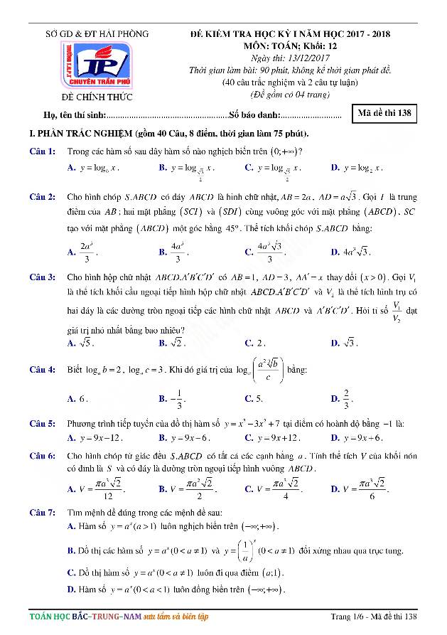 Đề thi học kì 1 (HK1) lớp 12 môn Toán năm học 2017 2018 trường THPT chuyên Trần Phú Hải Phòng