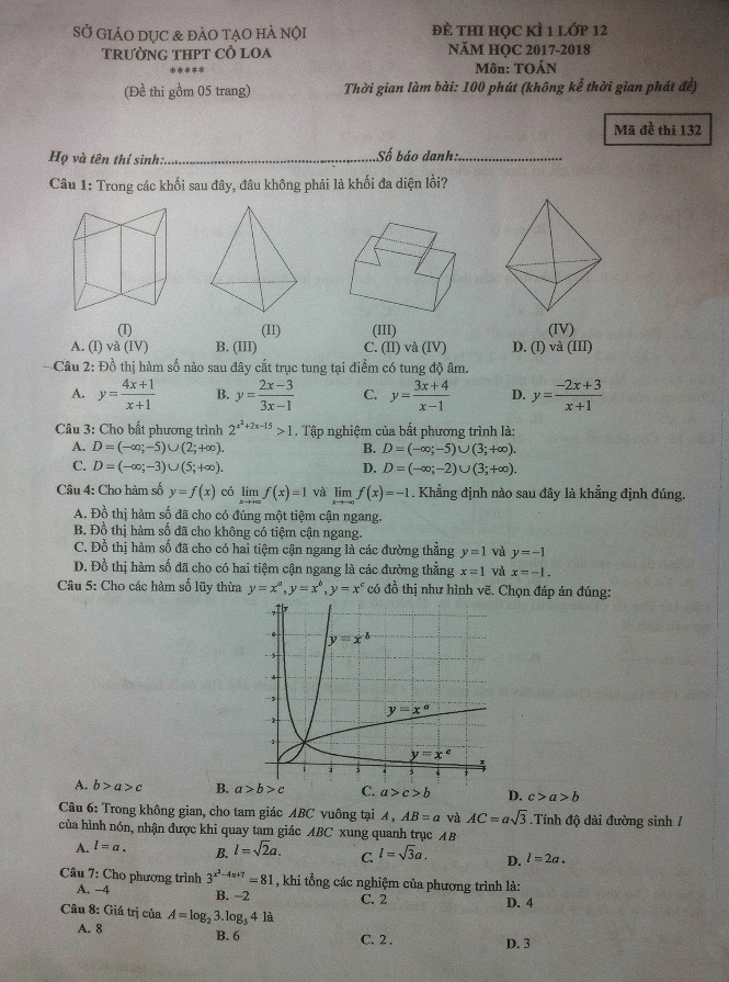 Đề thi học kì 1 (HK1) lớp 12 môn Toán năm học 2017 2018 trường THPT Cổ Loa Hà Nội