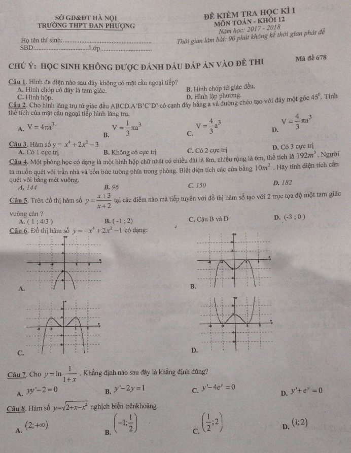 Đề thi học kì 1 (HK1) lớp 12 môn Toán năm học 2017 2018 trường THPT Đan Phượng Hà Nội