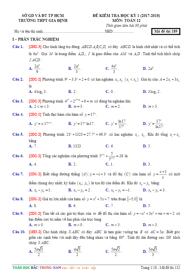 Đề thi học kì 1 (HK1) lớp 12 môn Toán năm học 2017 2018 trường THPT Gia Định TP. HCM