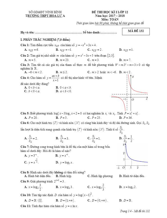 Đề thi học kì 1 (HK1) lớp 12 môn Toán năm học 2017 2018 trường THPT Hoa Lư A Ninh Bình