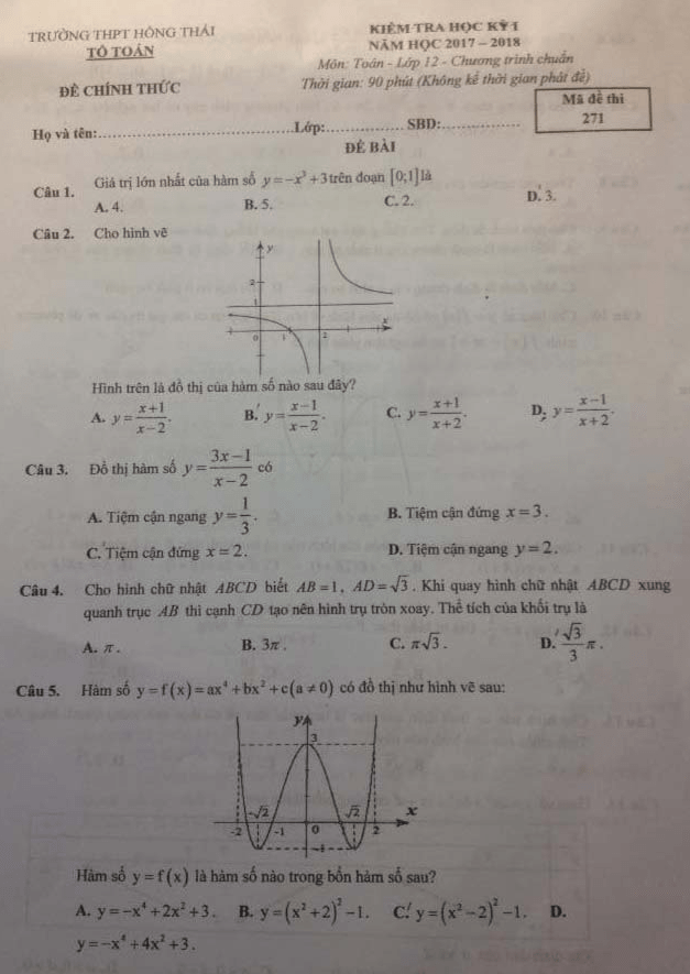 Đề thi học kì 1 (HK1) lớp 12 môn Toán năm học 2017 2018 trường THPT Hồng Thái Hà Nội