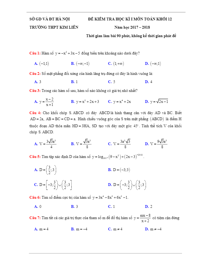 Đề thi học kì 1 (HK1) lớp 12 môn Toán năm học 2017 2018 trường THPT Kim Liên Hà Nội
