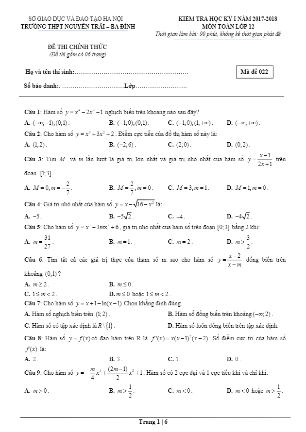 Đề thi học kì 1 (HK1) lớp 12 môn Toán năm học 2017 2018 trường THPT Nguyễn Trãi Hà Nội