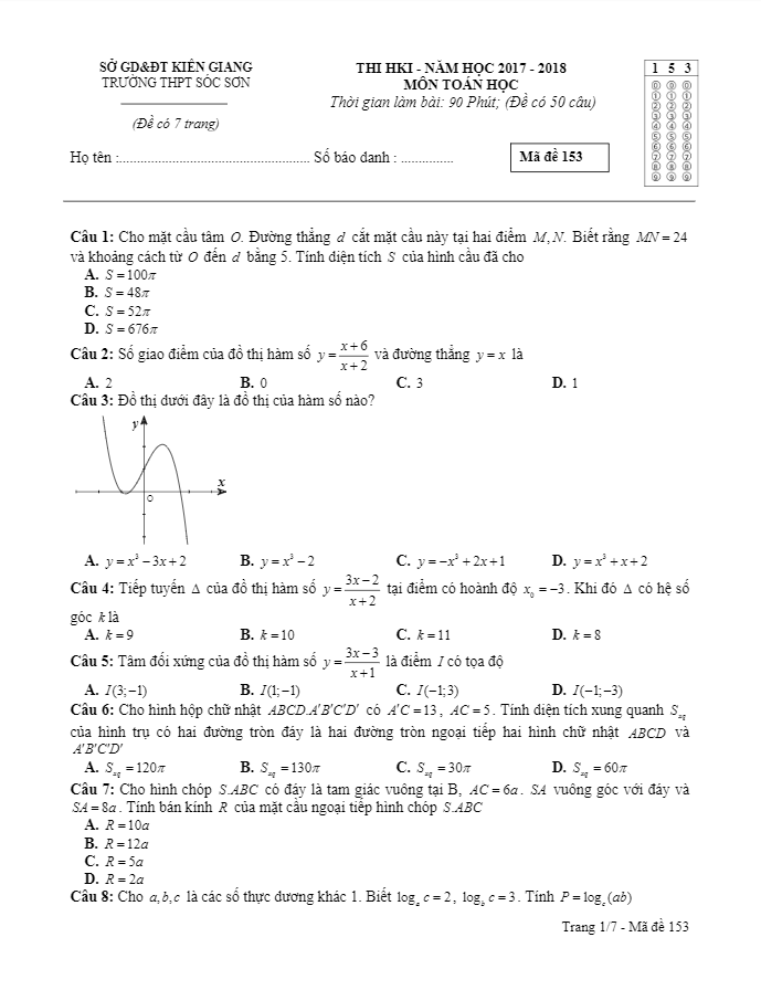 Đề thi học kì 1 (HK1) lớp 12 môn Toán năm học 2017 2018 trường THPT Sóc Sơn Kiên Giang