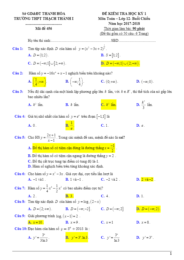 Đề thi học kì 1 (HK1) lớp 12 môn Toán năm học 2017 2018 trường THPT Thạch Thành 1 Thanh Hóa