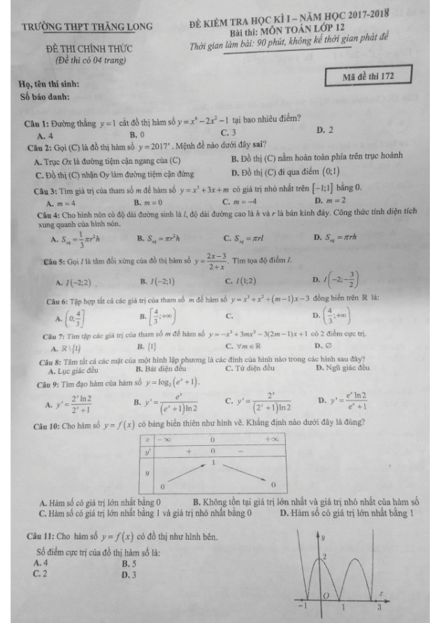 Đề thi học kì 1 (HK1) lớp 12 môn Toán năm học 2017 2018 trường THPT Thăng Long Hà Nội