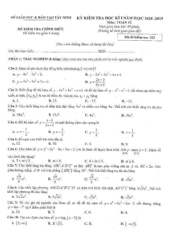 Đề thi học kì 1 (HK1) lớp 12 môn Toán năm học 2018 2019 sở GD ĐT Tây Ninh